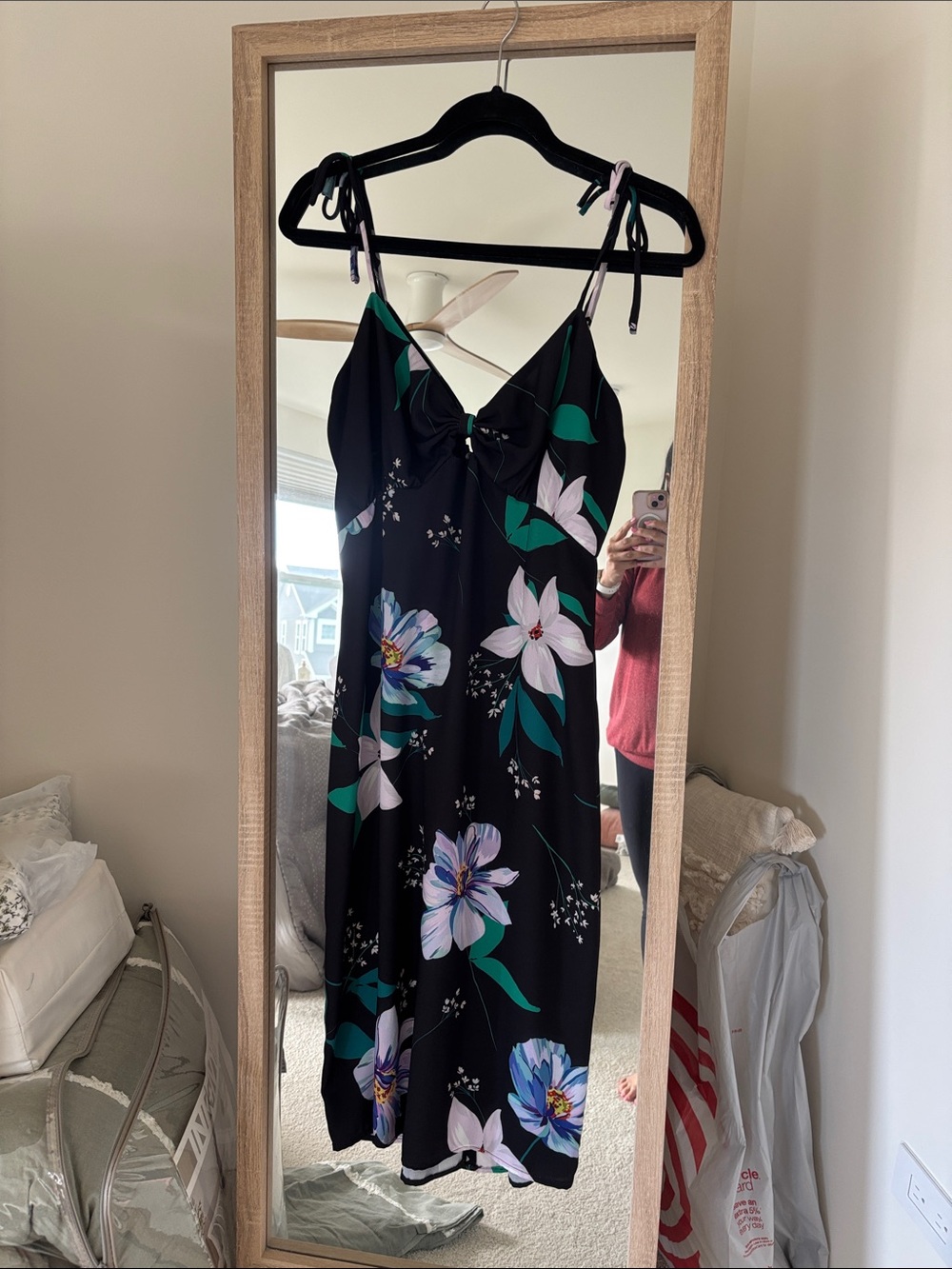 Chelsea 28 Black Floral Tie-Strap Slip Dress with Green & Lavender Blooms